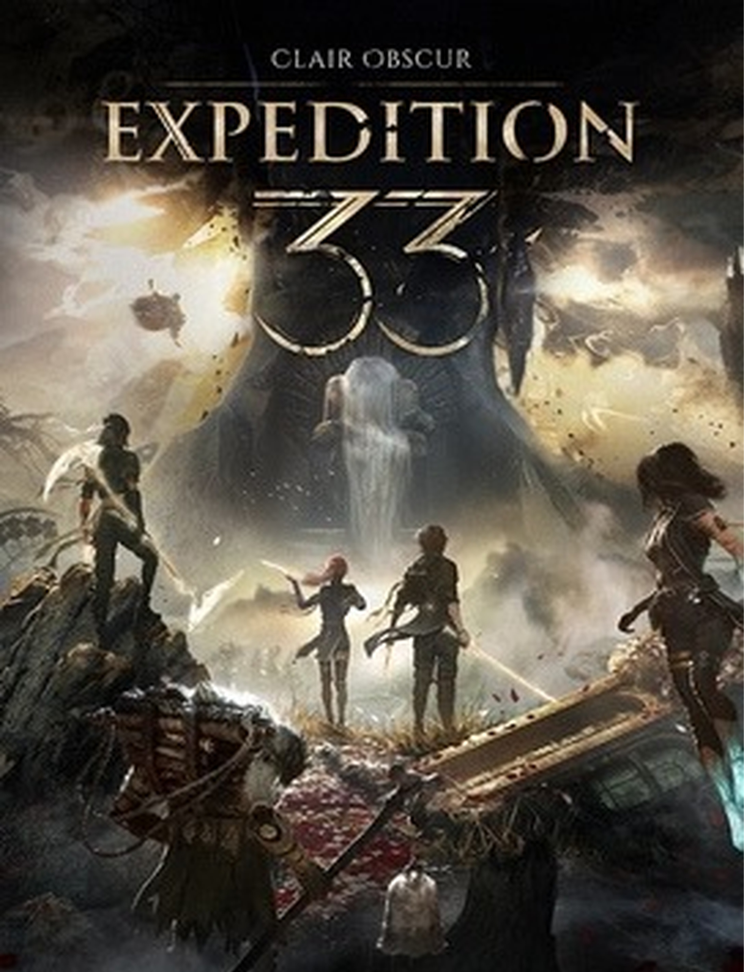 Video game cover art for 'Expedition 33' with a dark, fantastical scene featuring four characters on a battlefield, a giant beast in the background, and chaotic elements like debris and explosions.