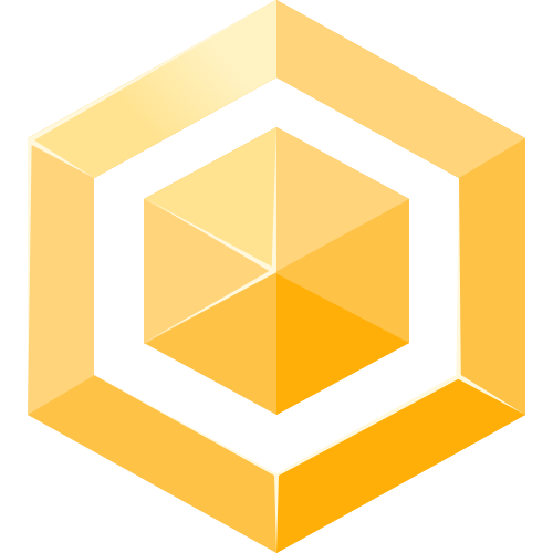 A geometric logo featuring a gold hexagon with a 3D cube inside, divided into six triangular sections, on a black background.
