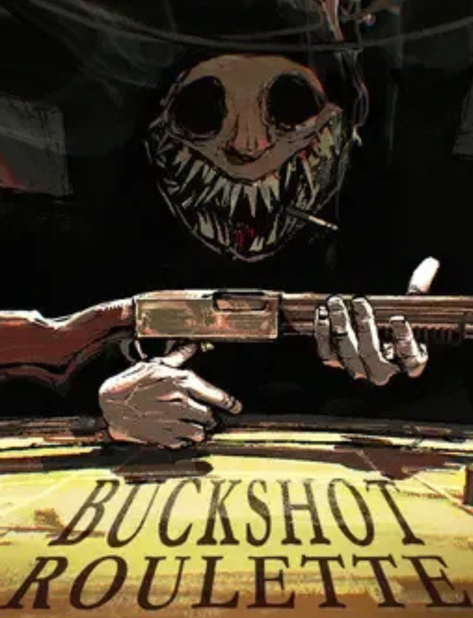 A mask with a skull and teeth design, a person holding a rifle, and the words BUCKSHOT ROULETTE on a yellow background.