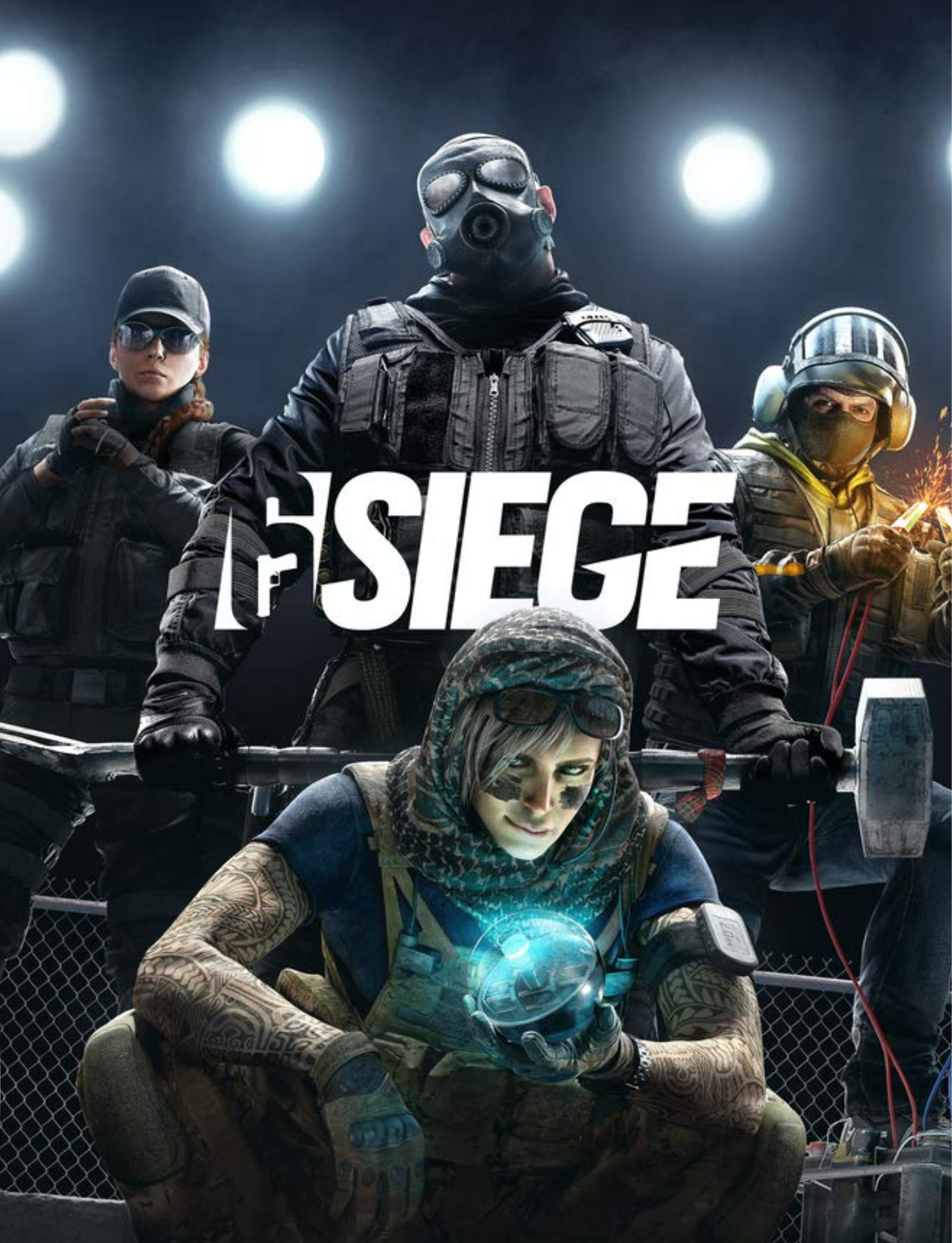 Post-apocalyptic scene with five heavily armed characters, one with face paint and a glowing orb, standing behind a chain-link fence, under bright lights. The word 'SIEGE' is prominently displayed in the center.
