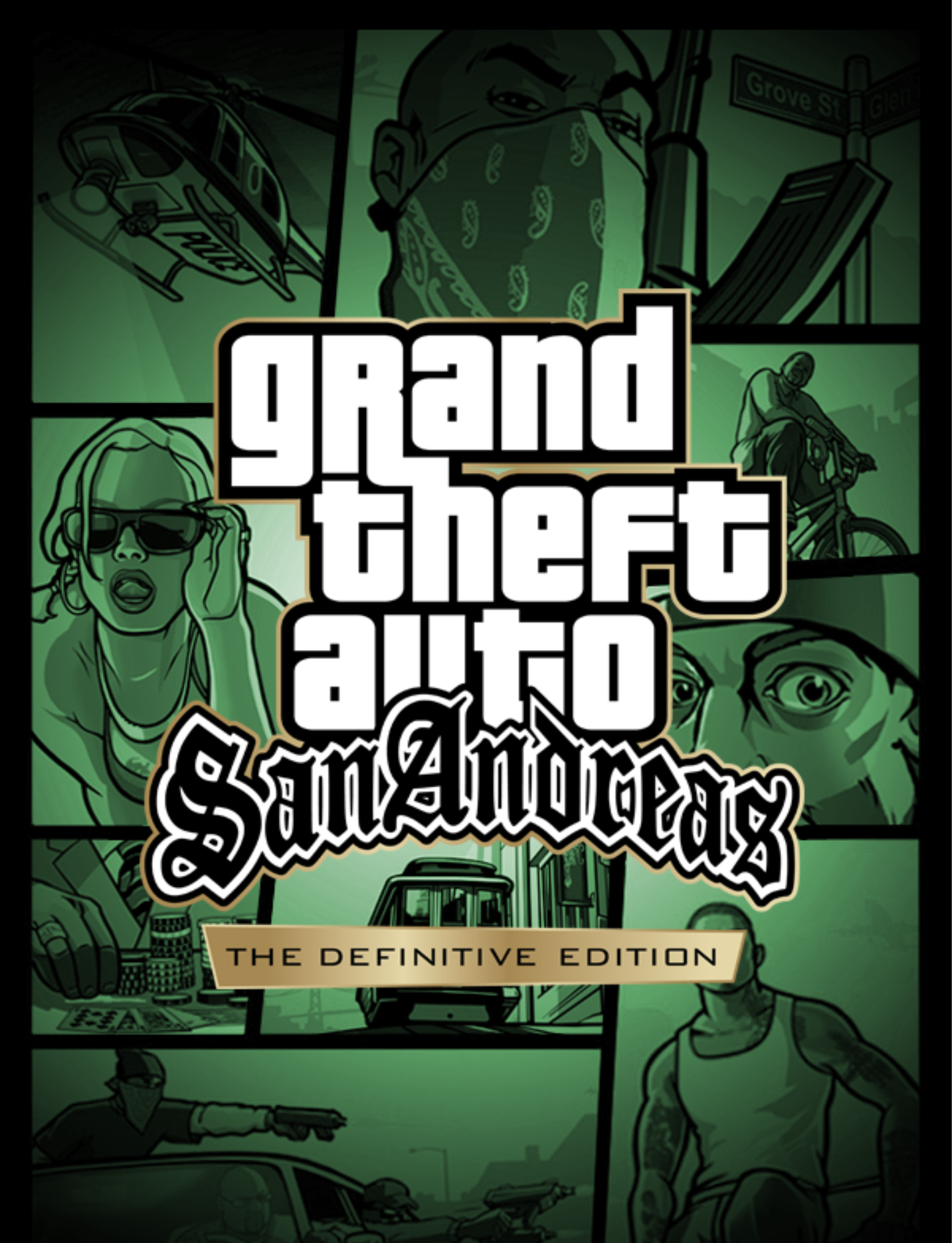 Cover art for the video game Grand Theft Auto: San Andreas, showing various scenes including a helicopter, a person with a bandana and sunglasses, a character on a bike, a woman wearing sunglasses, an eye close-up, a person pointing a gun from a car, and a gangster, all in green shades.