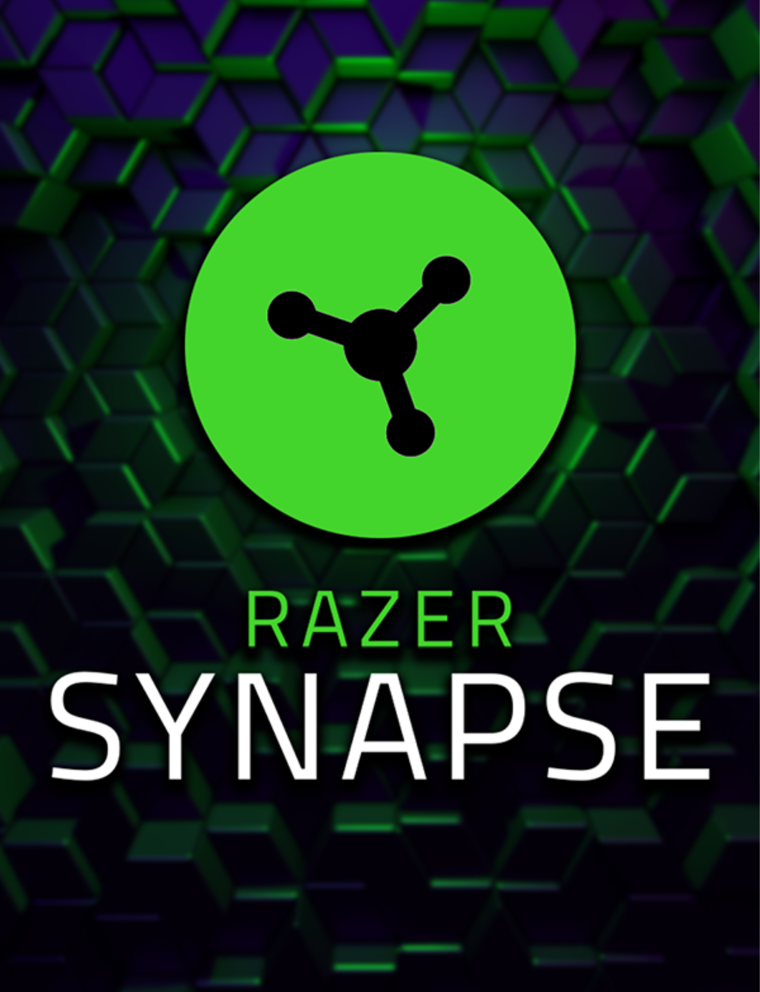 Razer Synapse logo with a green circle and a black molecular structure icon, set against a dark green and purple hexagonal pattern background.