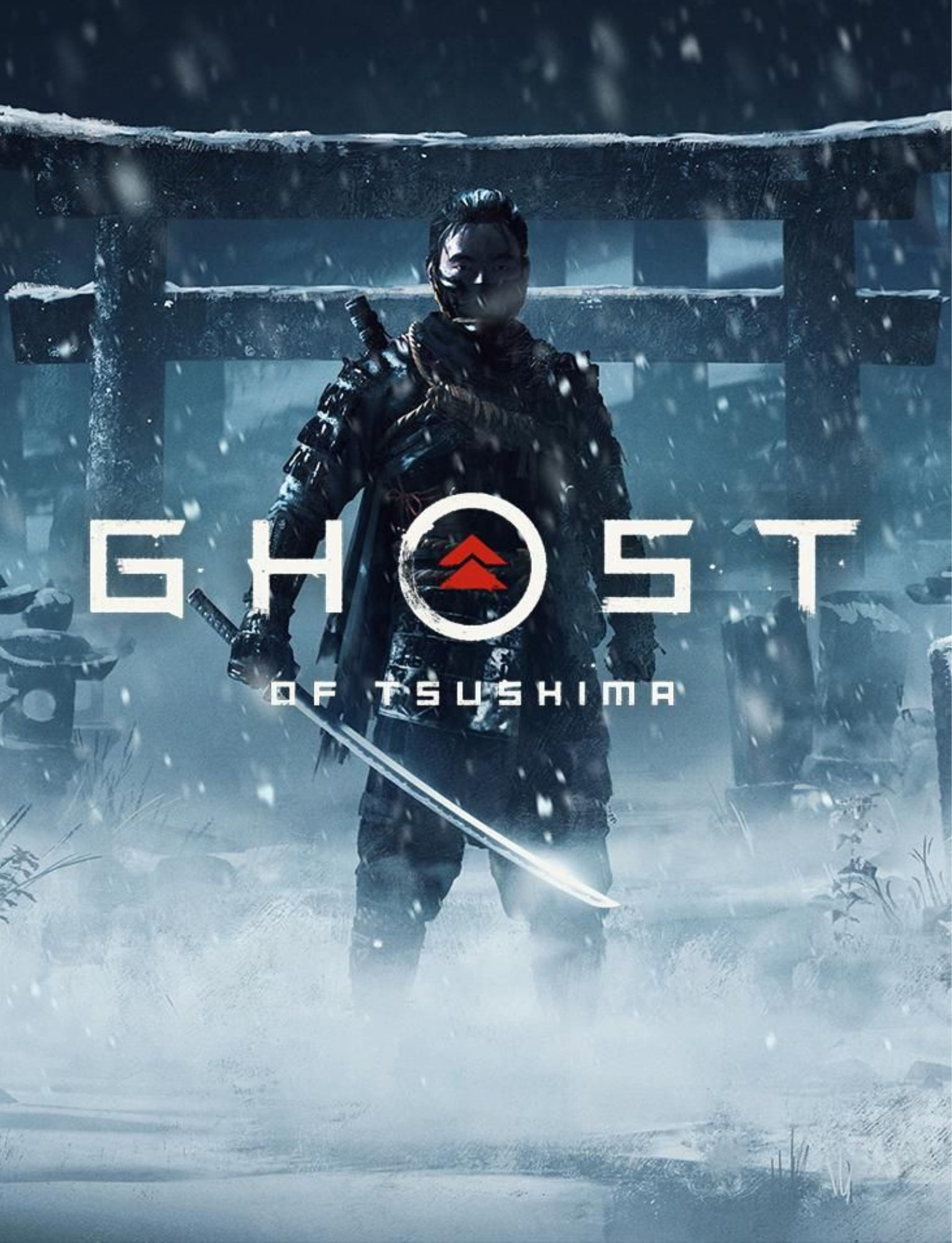 A warrior holding a sword stands in a snowy landscape with a torii gate in the background, with the title 'Ghost of Tsushima' overlaid.