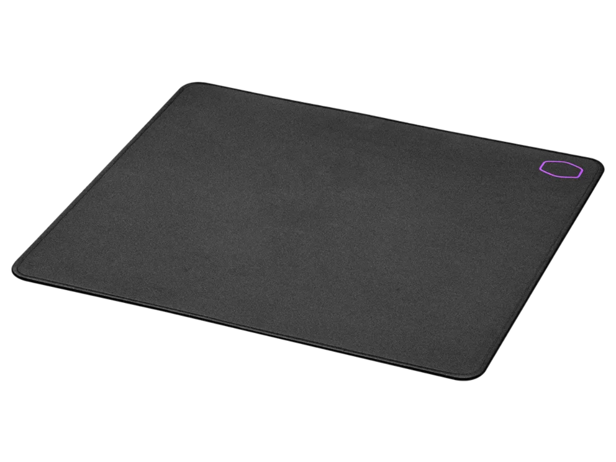 A black wireless mouse pad with a textured surface and a purple outline on the top right corner.
