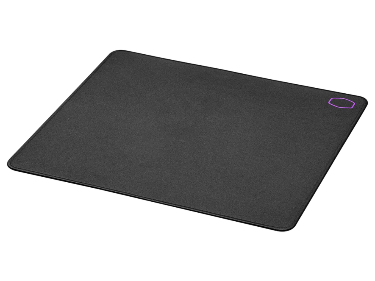 A black wireless mouse pad with a textured surface and a purple outline on the top right corner.