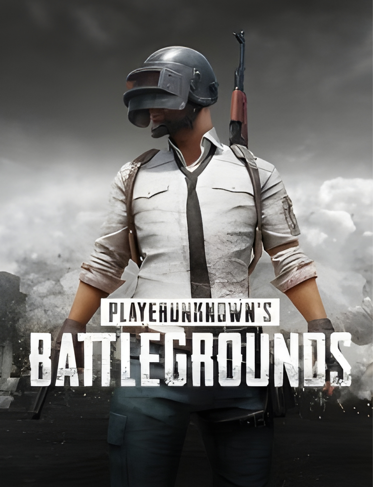 Cover art for PlayerUnknown's Battlegrounds featuring a character in a helmet and white shirt.