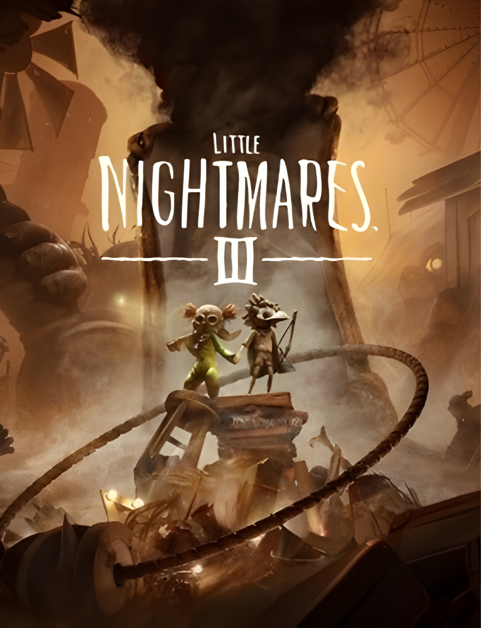 Cover art for 'Little Nightmares II' featuring two animated characters standing on a wooden platform amidst a destroyed street scene with smoke and debris, dark ominous background.