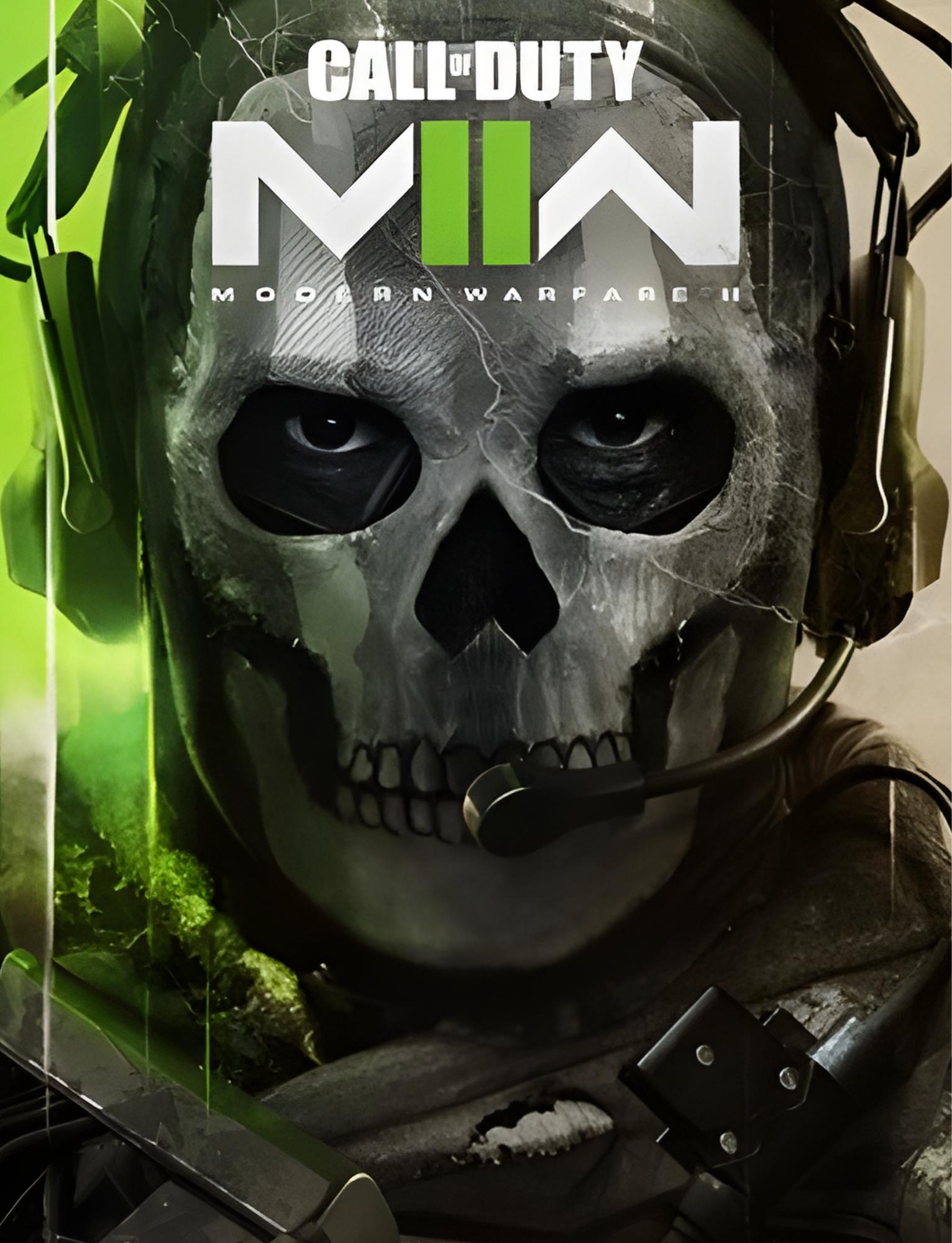 Close-up of a skull wearing a military headset with a microphone, featuring the logo of Call of Duty: Modern Warfare II on the forehead.