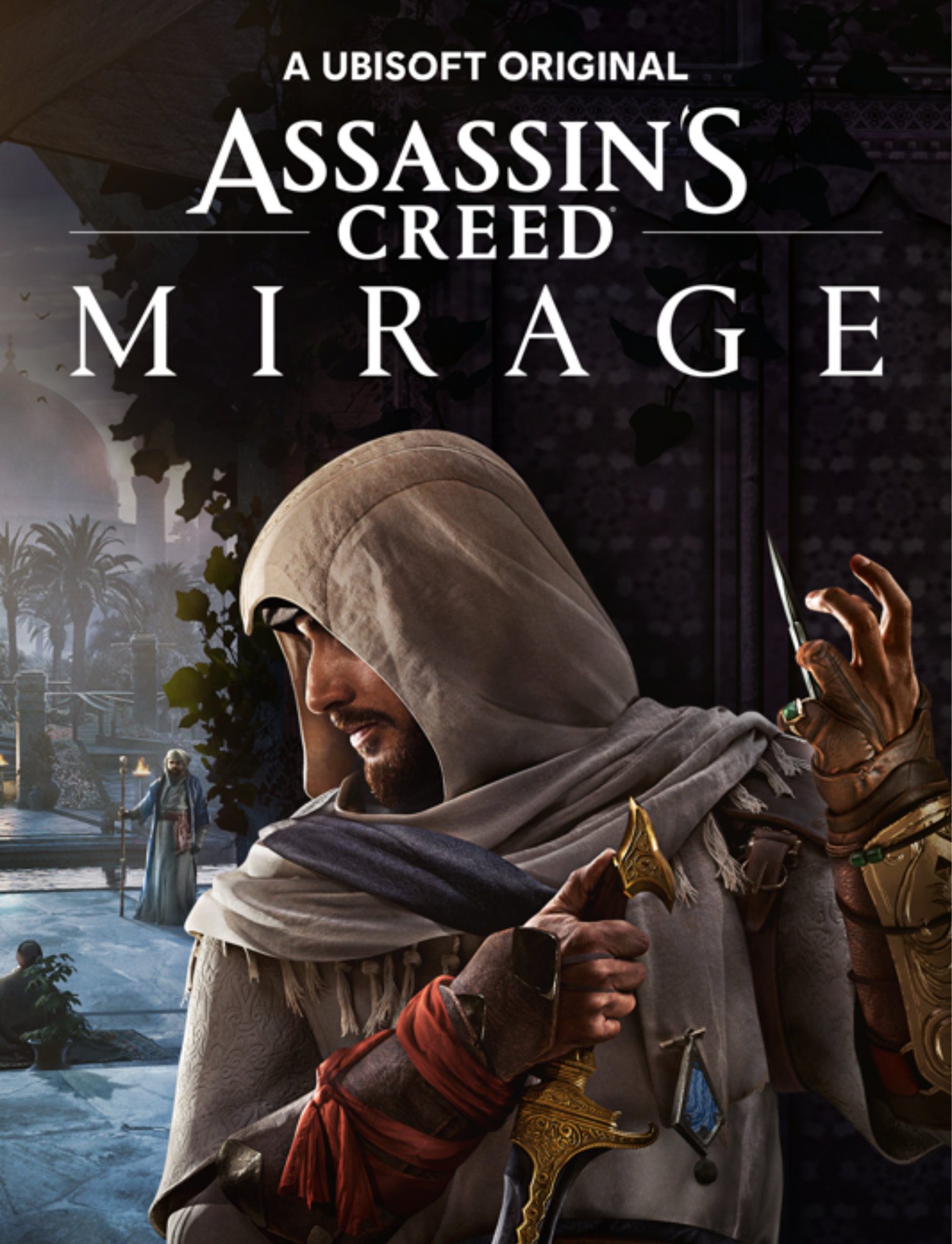 Cover of Assassin's Creed Mirage video game showing a man dressed as an assassin holding a hidden blade and a dagger, with a background scene of Middle Eastern architecture and a palatial courtyard.