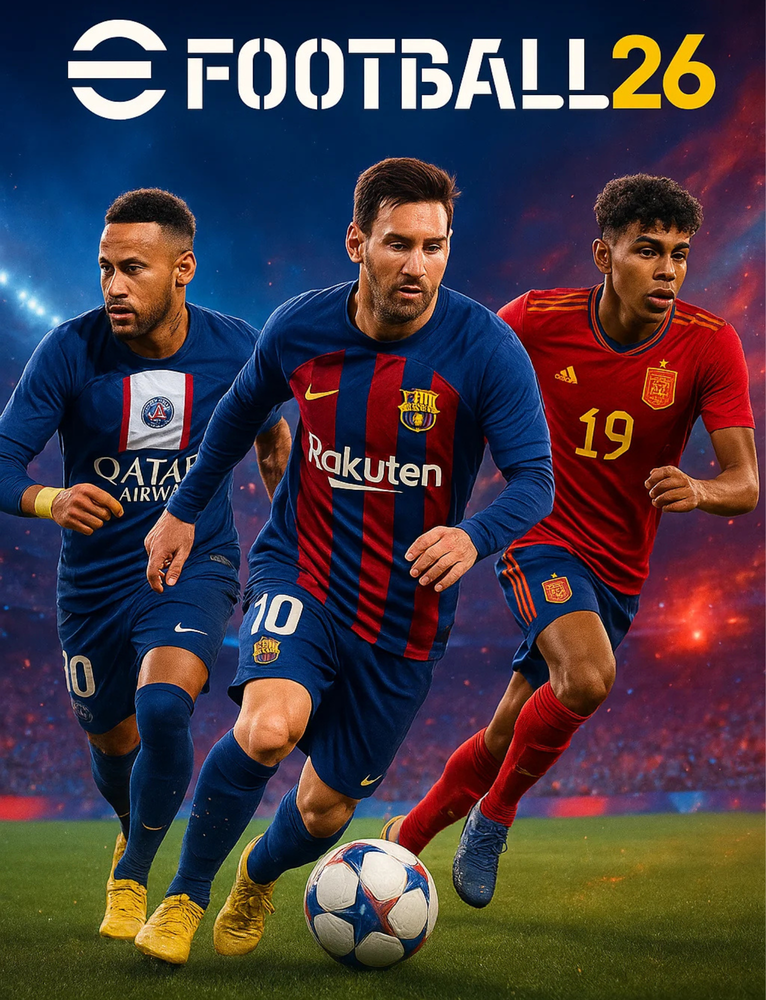 Cover of FIFA 26 football video game featuring Lionel Messi, Kylian Mbappé, and Ansu Fati on the field in soccer uniforms, with a stadium background and a soccer ball.