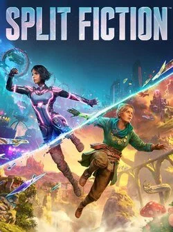 Cover art for the movie 'Split Fiction' featuring two characters with a sci-fi landscape, one with curly hair in a purple suit and the other with long blonde hair in green, wielding futuristic weapons in a colorful, action-packed scene.