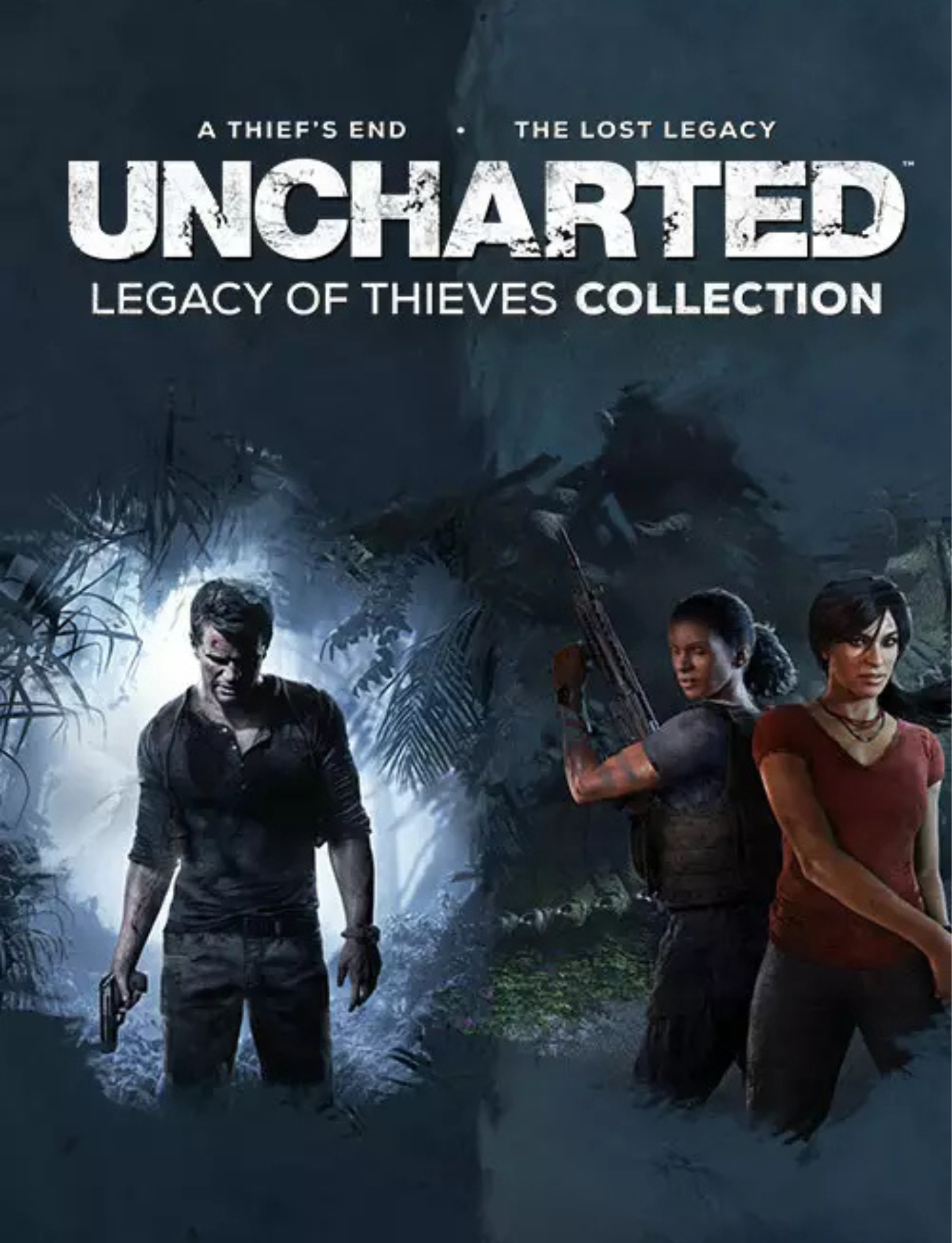 Cover art for the video game 'Uncharted: Legacy of Thieves Collection,' featuring three characters in a jungle setting with a wrecked airplane in the background.
