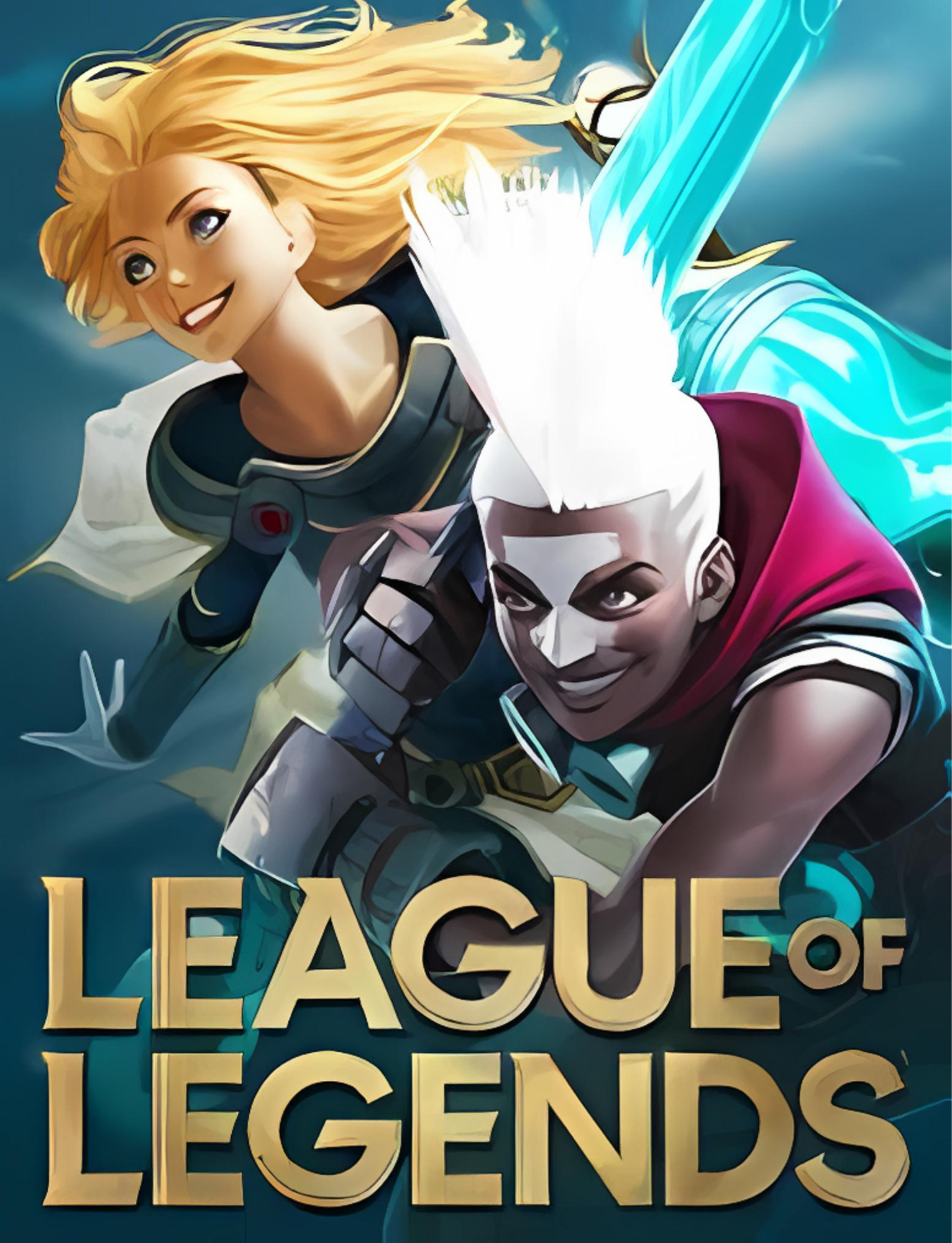 Digital artwork featuring two animated characters from the game League of Legends, with the game's logo displayed at the bottom.