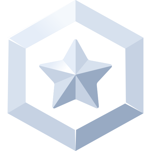 A silver star inside a 3D metallic hexagon frame.