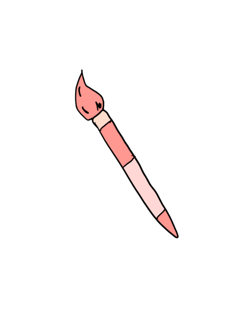 A hand-drawn pink paintbrush with a pink brush and paint on the bristles.