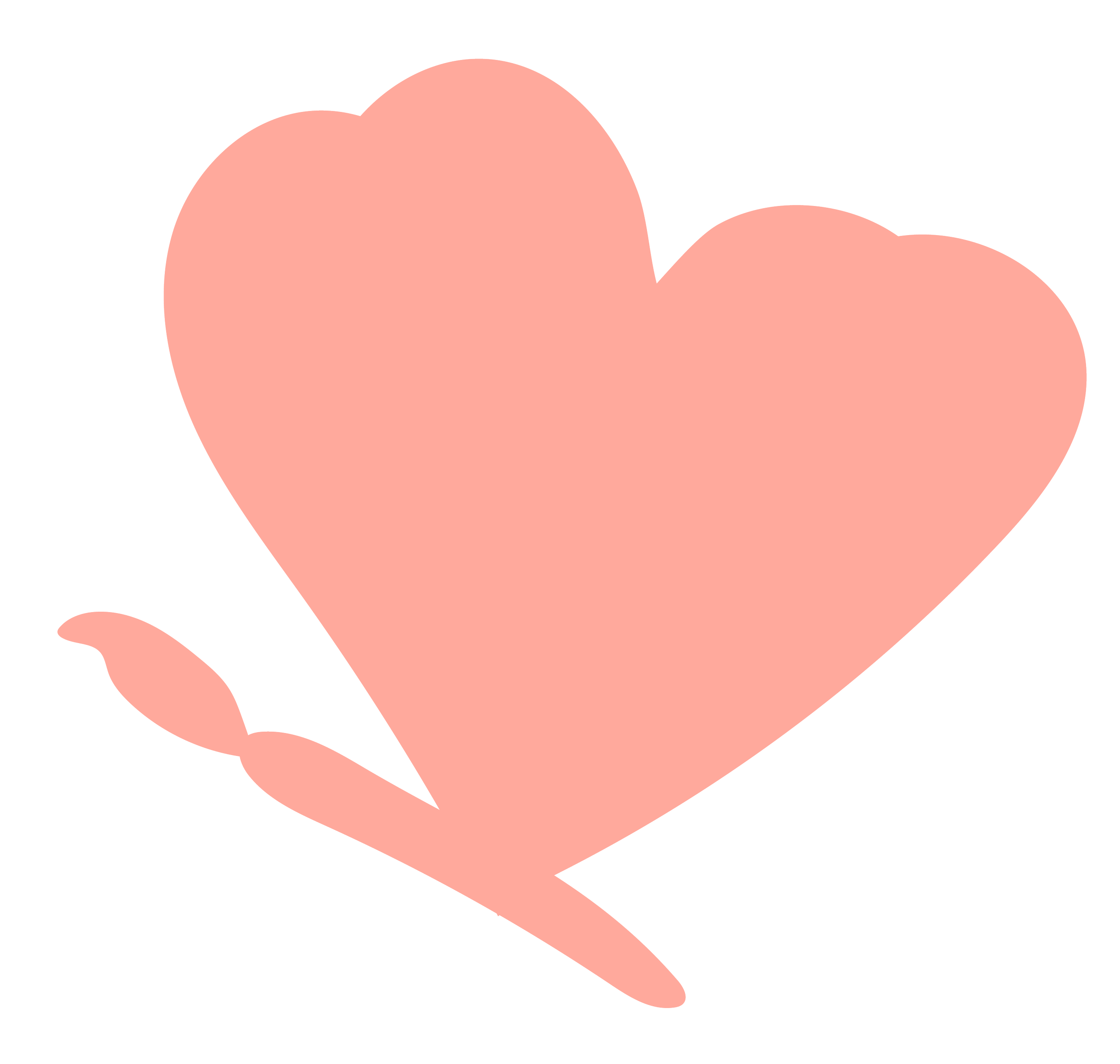 A pink heart with a small leaf attached to its bottom left side.
