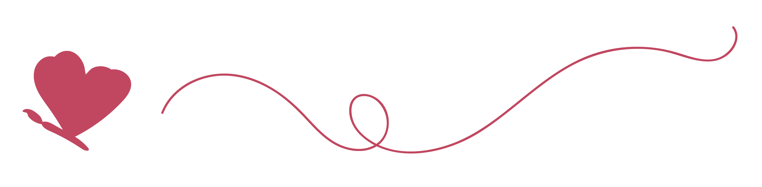A pink heart with a small banner overlapping it, connected to a flowing line with a swirl in the middle and a long tail on the right.