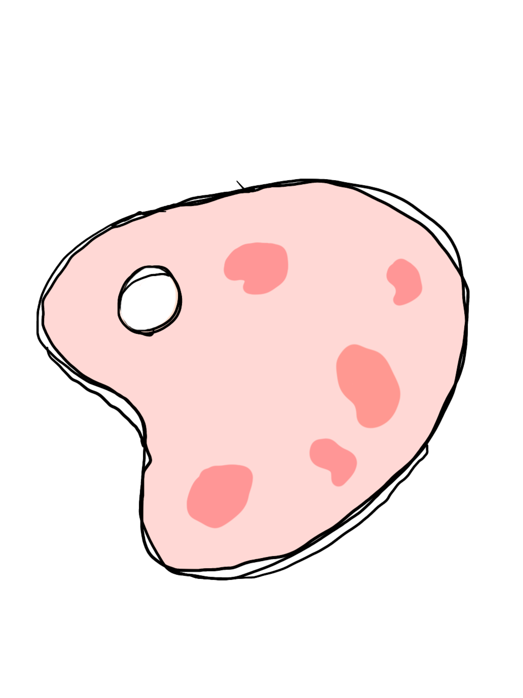 An illustration of a paint palette with light pink base and medium / coral pink pain splotches.