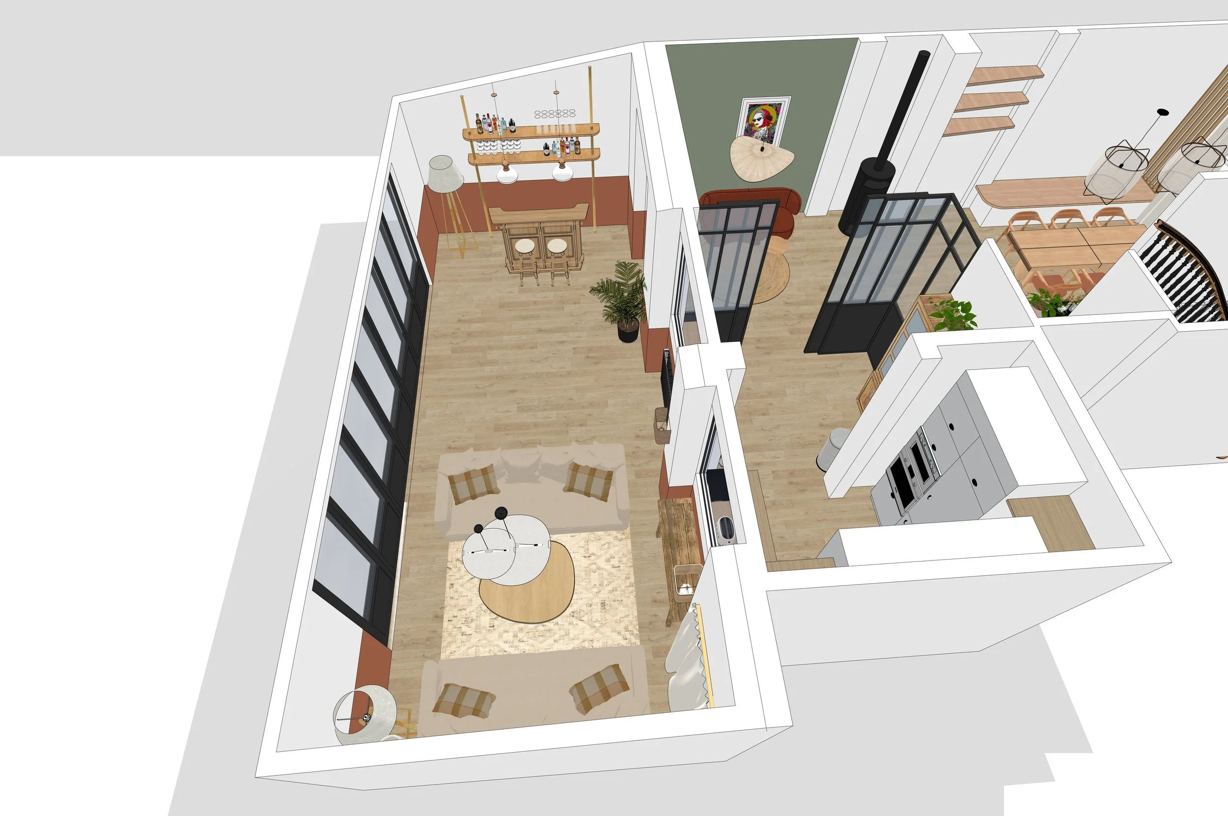 Vue depuis le dessus, d'un interieur en 3D. Décoration épurée et coquette.