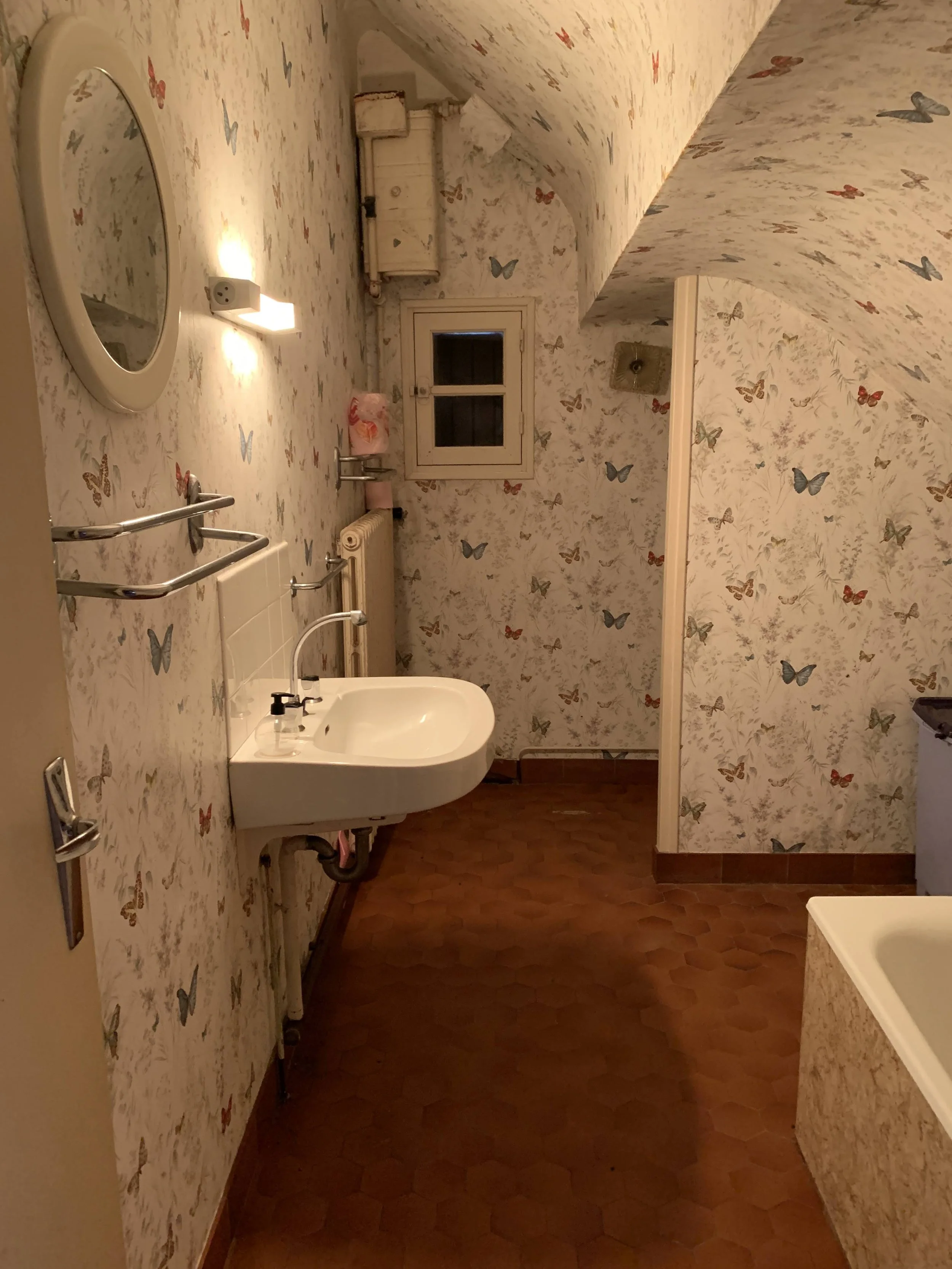 Salle de bain kitsch avant grande rénovation, murs décorés de papillons et de fleurs, lavabo, petite fenêtre, radiateur, miroir rond, porte, sol en carreaux hexagonaux, schéma de salle de bain antique.