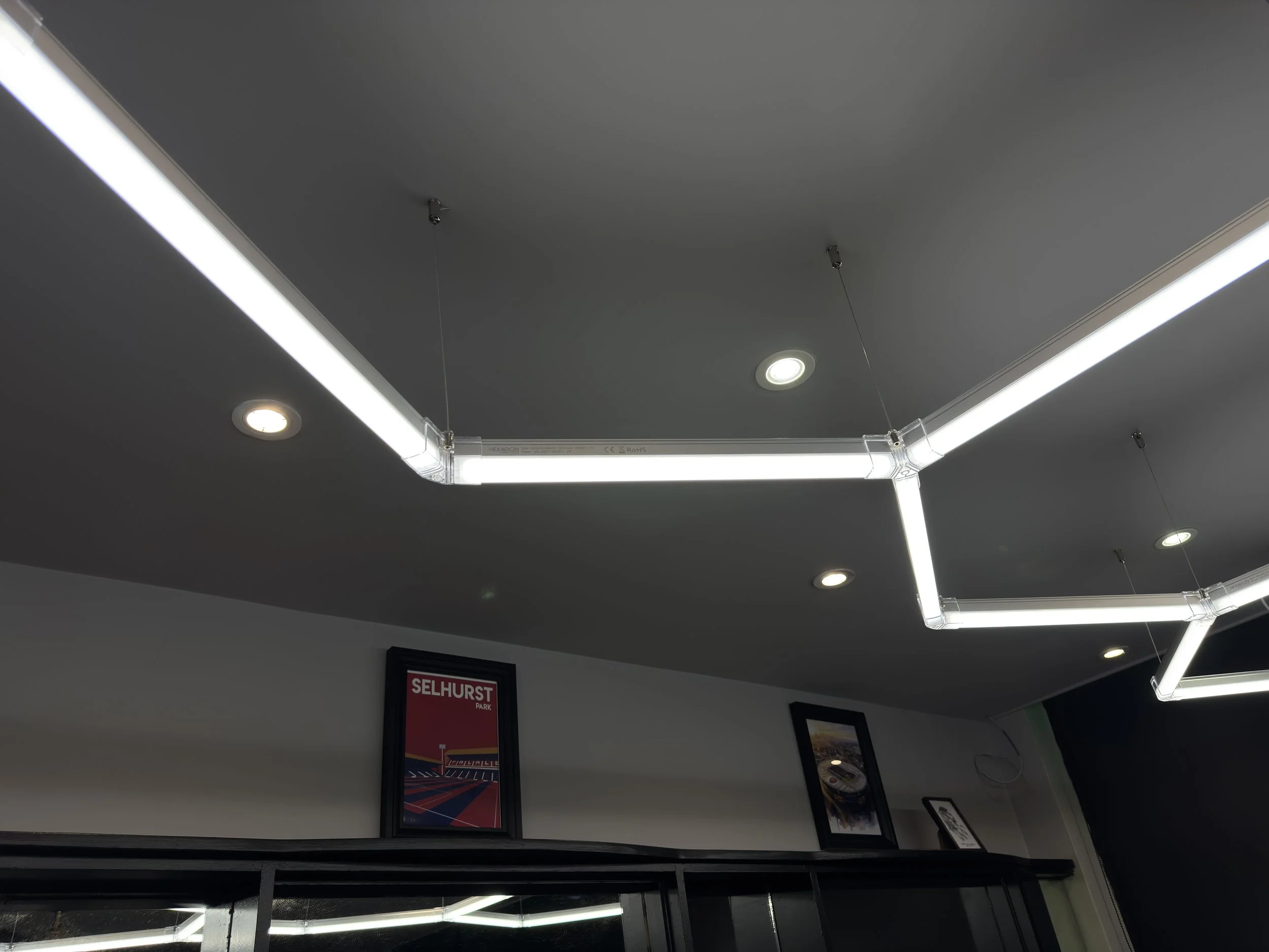 Interior ceiling with modern LED light fixtures and framed artwork on the wall.