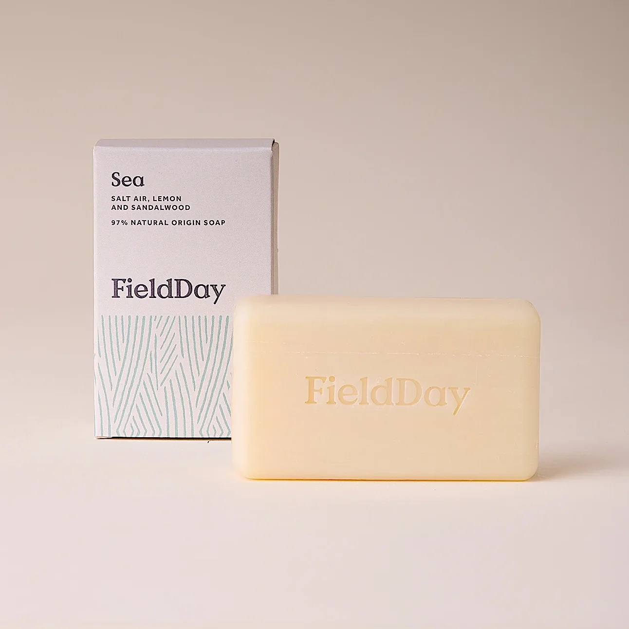 A bar of soap with the brand name 'FieldDay' engraved on it and a box labeled 'Sea' with ingredients 'Salt Air, Lemon and Sandalwood' and '97% Natural Origin Soap' in light colors, set against a plain background.