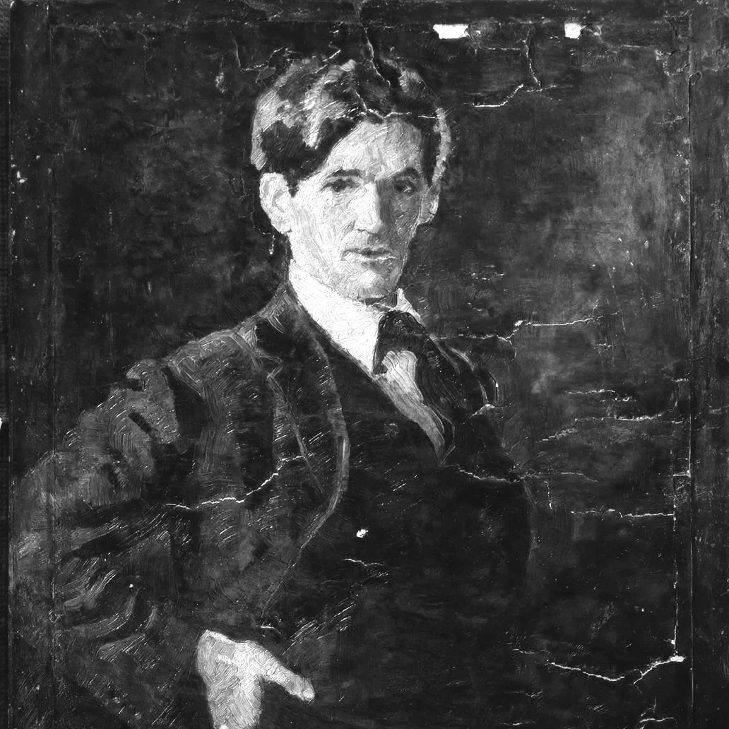 A black and white painting of a woman with short hair, wearing a dark coat and a white shirt, posing with her hand on her hip.