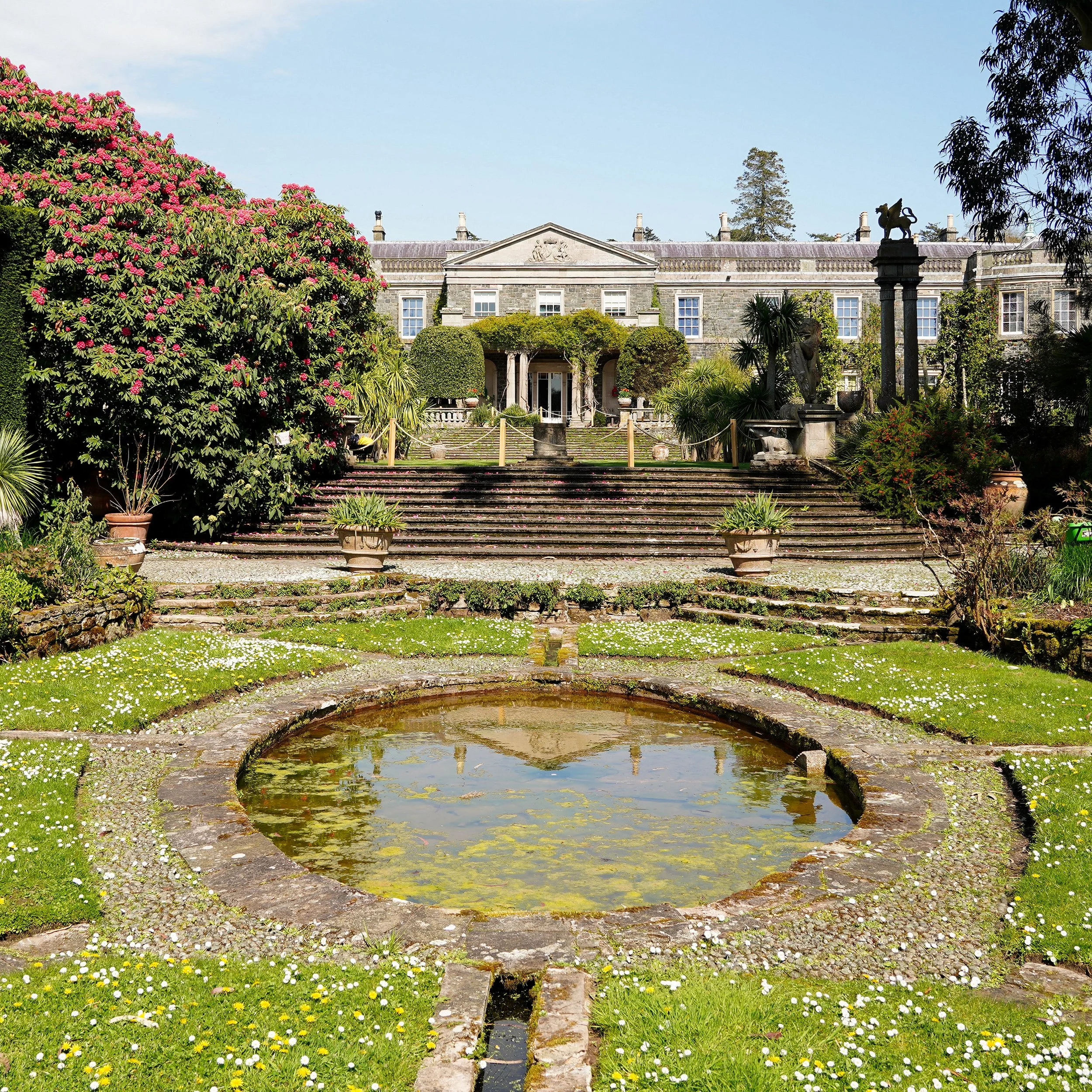 Serene garden with a circular pond, blooming flowers, potted plants, stone steps leading up to a grand mansion, and decorative sculptures.