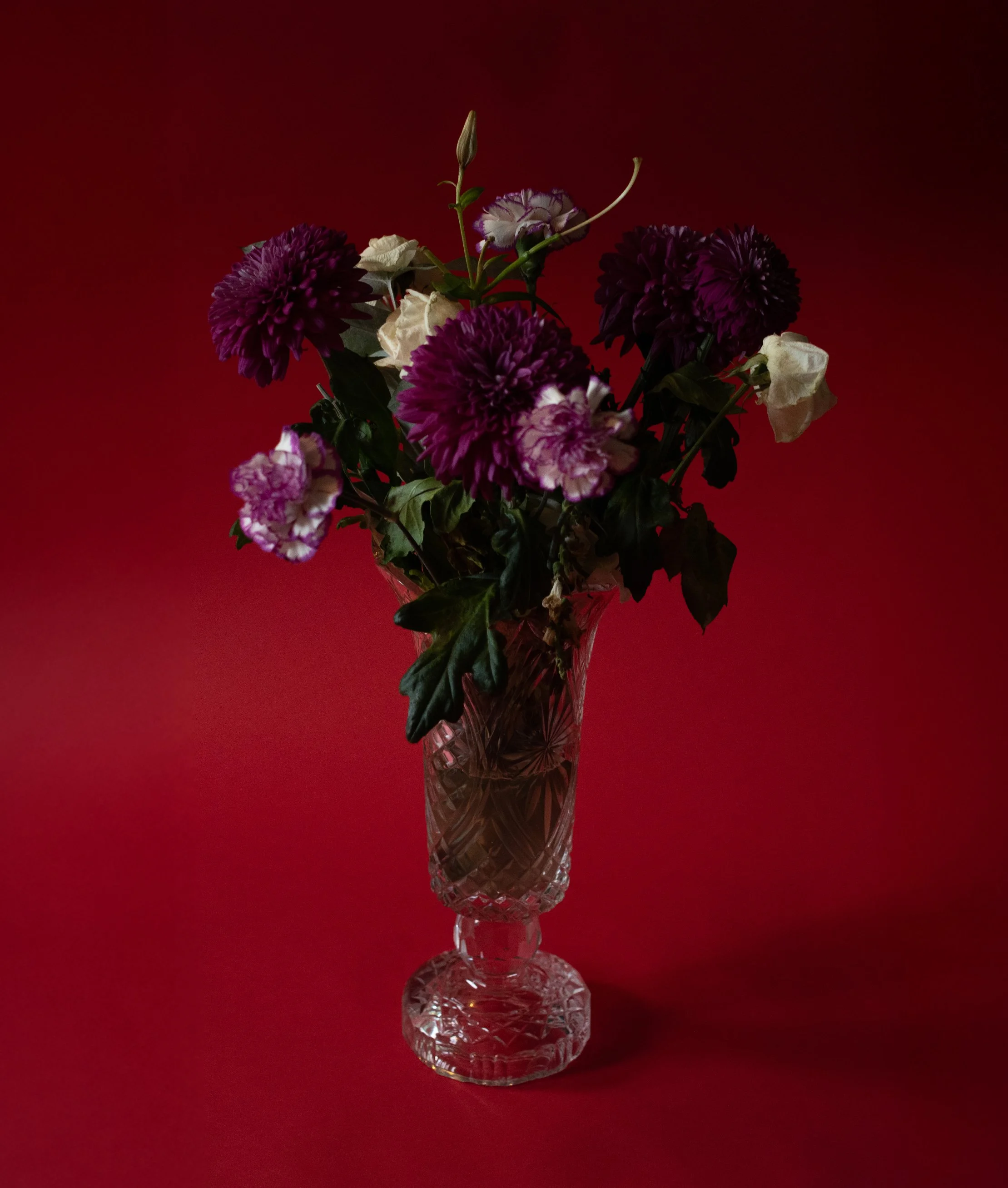 A floral arrangement with purple and white flowers in a decorative glass vase on a red background.