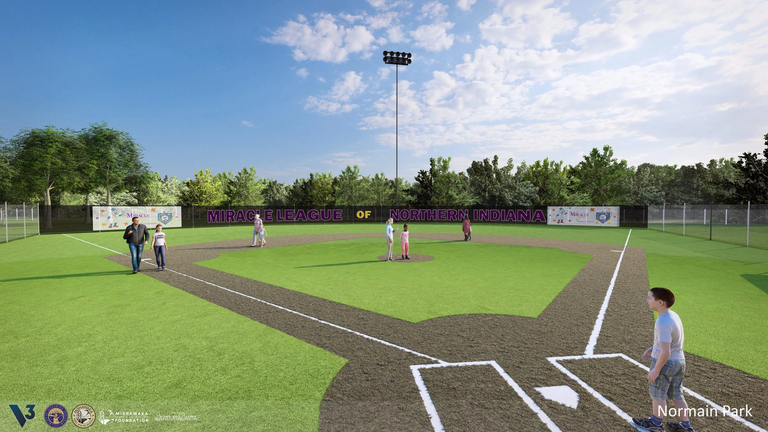 A baseball or softball field with a dirt infield and green outfield, surrounded by a black fence with signs that read "Miracle League of Northern Indiana". Several children and adults are on the field, with a man walking with a girl, and others standing or talking near the fence. The sky is blue with scattered clouds, and there are trees in the background.