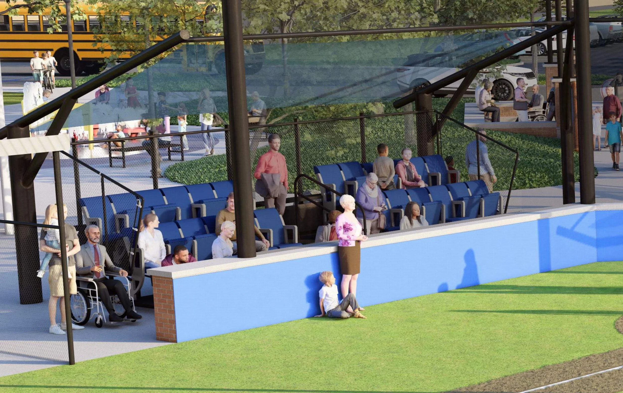 A sports stadium seating area with blue seats and a canopy, adjacent to a pathway with people walking and sitting; a person in a wheelchair and a woman with a child sitting on the ground nearby.