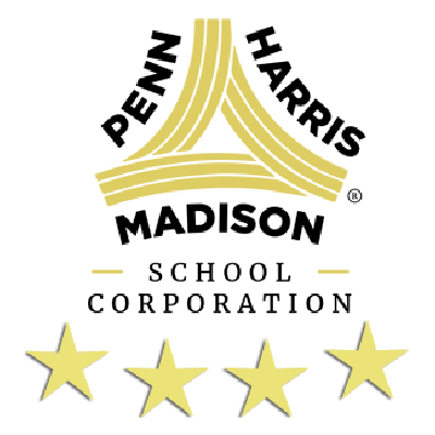 Penn Harris Madison School Corporation logo with a stylized yellow triangle and four yellow stars.