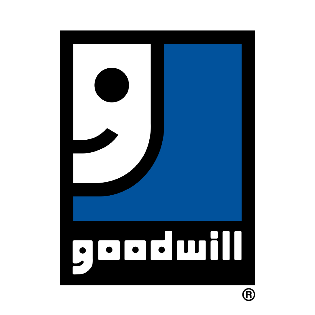 Goodwill logo featuring a stylized face with a blue background and the word 'goodwill' underneath.