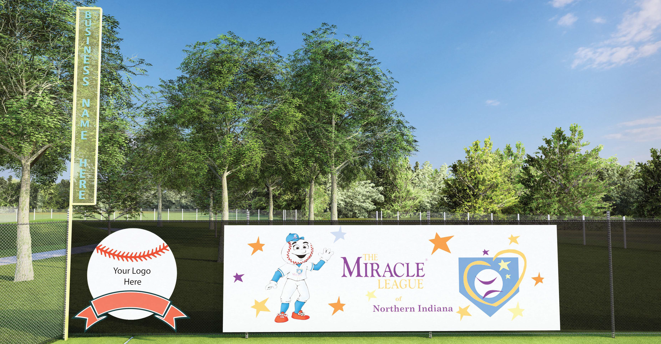 A sports field with a large banner that reads "The Miracle League of Northern Indiana" and features a cartoon baseball player and colorful stars. A tall sign on the left says "BUSINESS NAME HERE." There are trees and a chain-link fence in the background under a blue sky.