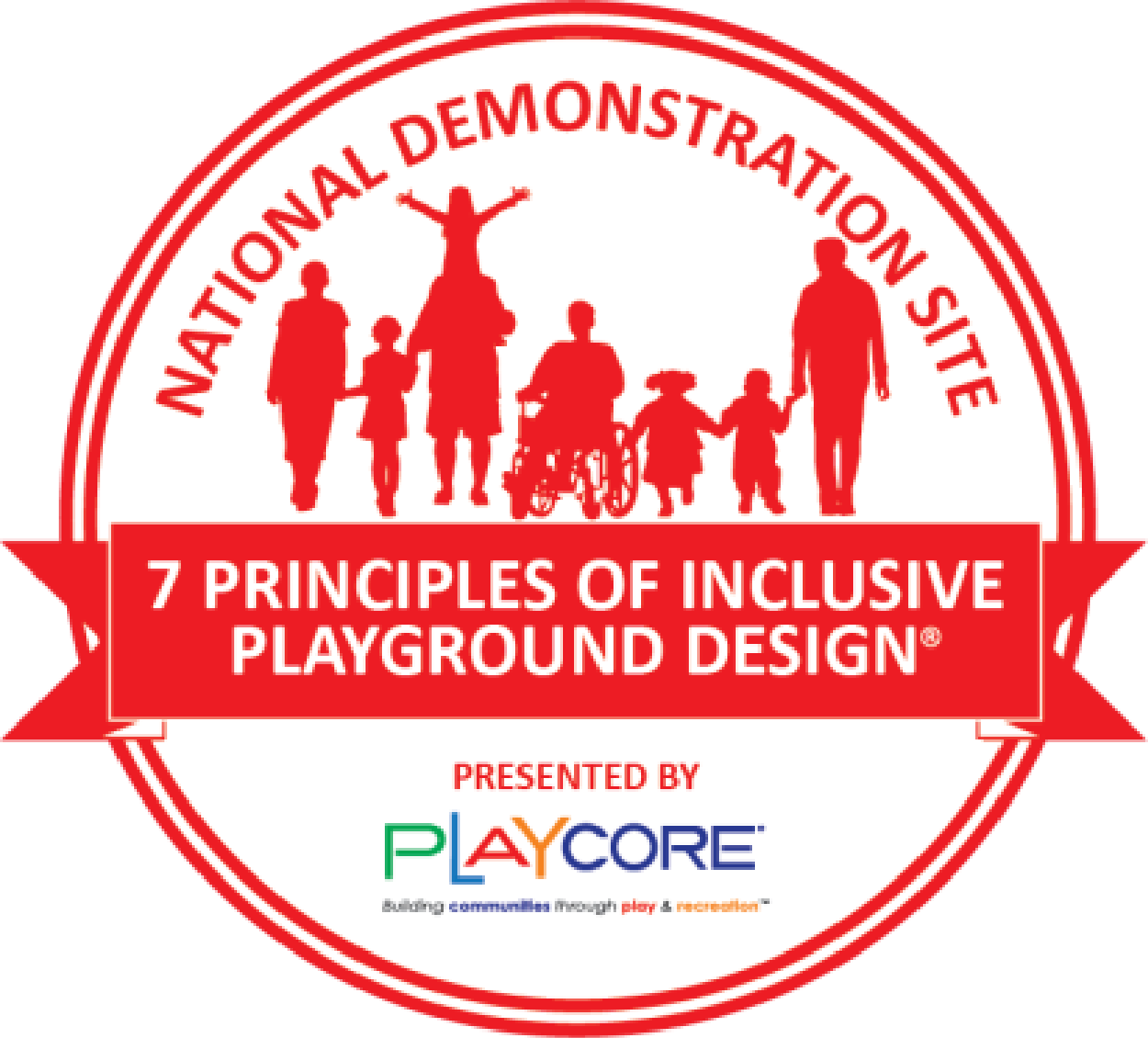 A red and white badge with silhouettes of diverse children, including one in a wheelchair, holding hands. The text reads 'National Demonstration Site' at the top, '7 Principles of Inclusive Playground Design' in the middle on a red banner, and 'Presented by Playcore' at the bottom.