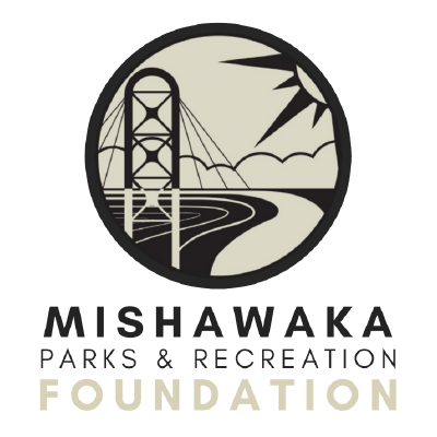 Logo of Mishawaka Parks & Recreation Foundation featuring a bridge, river, and trees in a circular design.