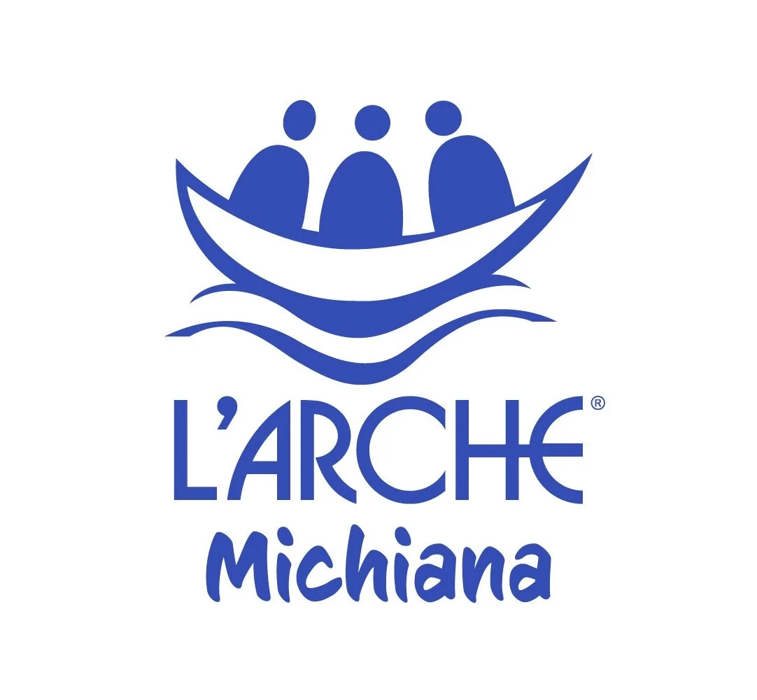 Logo of L'Arche Michiana, featuring three stylized human figures in a boat, with waves beneath, in blue and white colors.