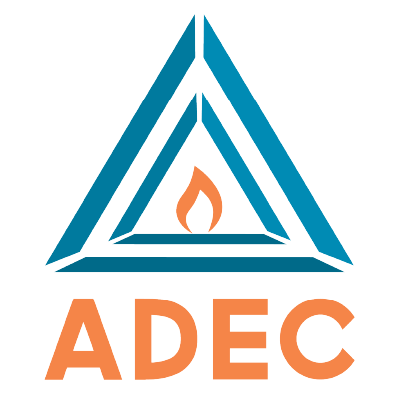 Logo with stylized triangular design and a flame in the center, with the word 'ADEC' below in orange.