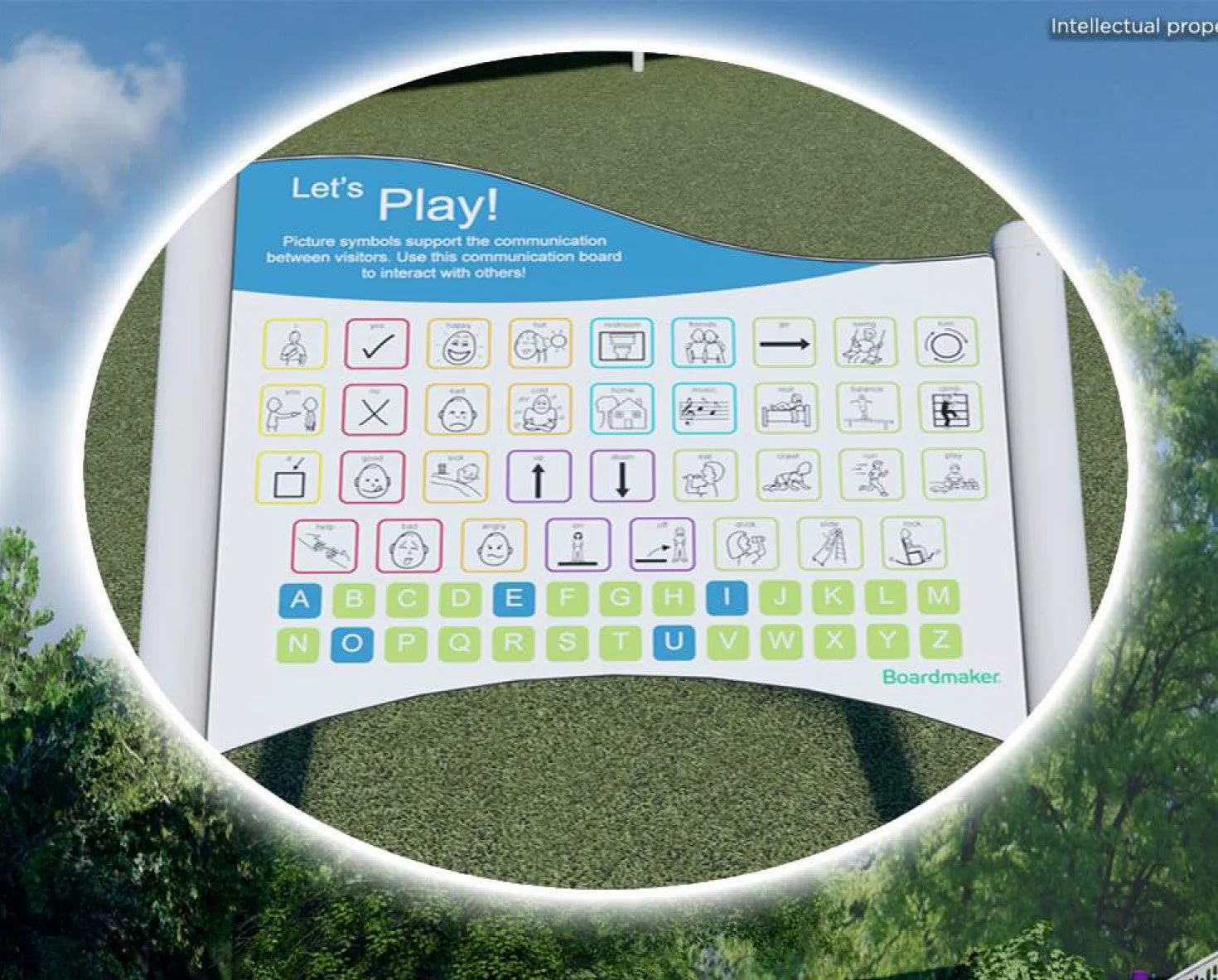 Colorful communication board with pictures and alphabet keys on a grassy outdoor area.