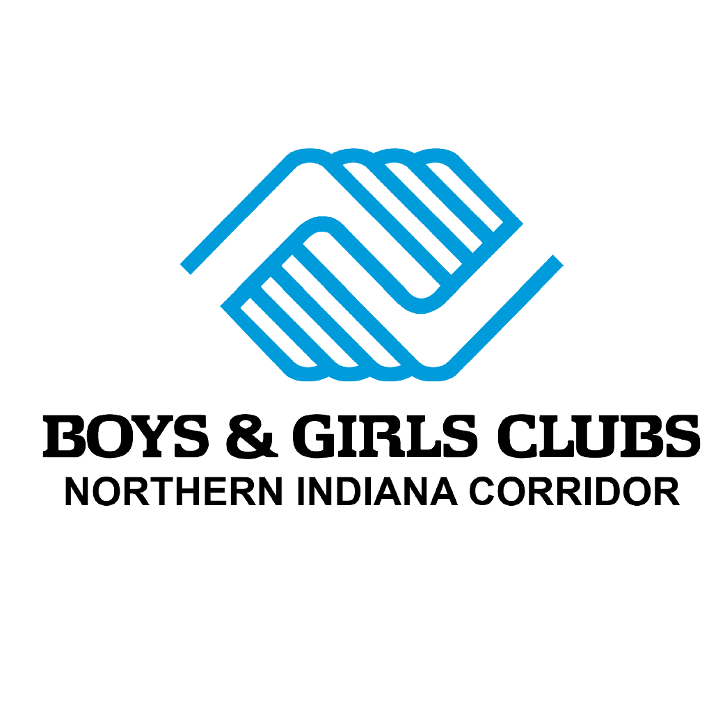 Logo for Boys & Girls Clubs of Northern Indiana Corridor featuring a blue geometric handshake symbol and bold black text.