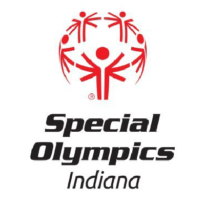 Special Olympics Indiana logo with a stylized figure and five smaller figures around in a circle.