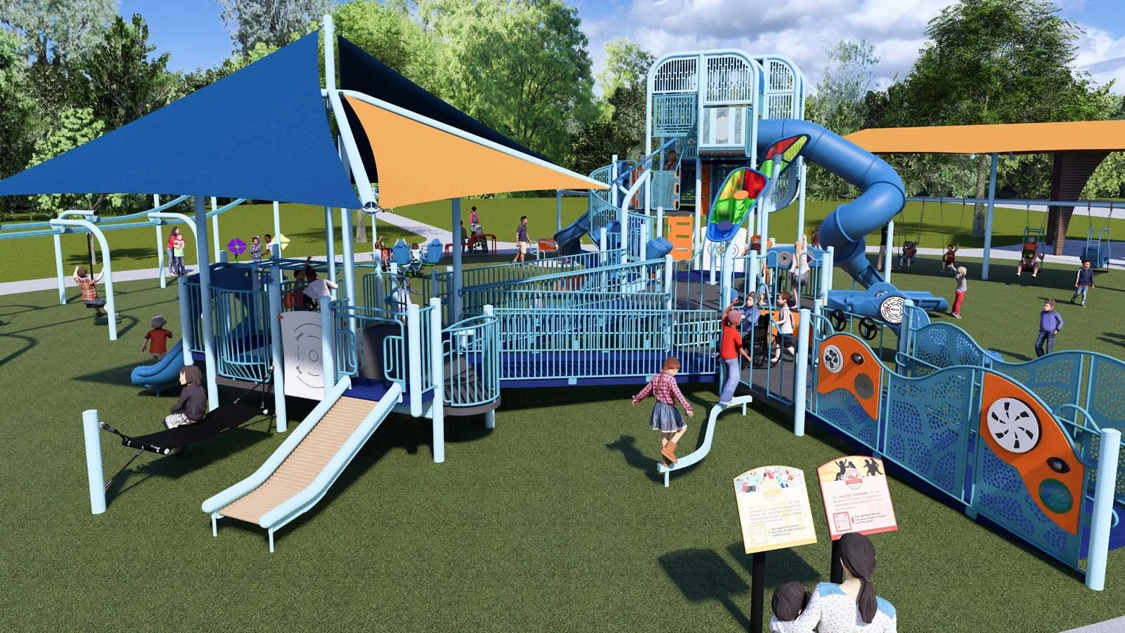 Colorful playground with slides, swings, tunnels, and climbing structures, filled with children playing and adults supervising, set on a green grassy area with trees in the background.