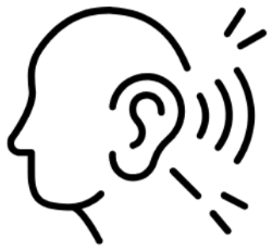 Line drawing of a person's head with sound waves indicating hearing or listening.
