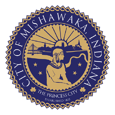 Seal of the City of Mishawaka, Indiana, featuring a Native American figure smoking a pipe, a ship, a bridge, and a sunrise, with the text 'City of Mishawaka, Indiana,' 'The Princess City,' and 'Established 1833.'