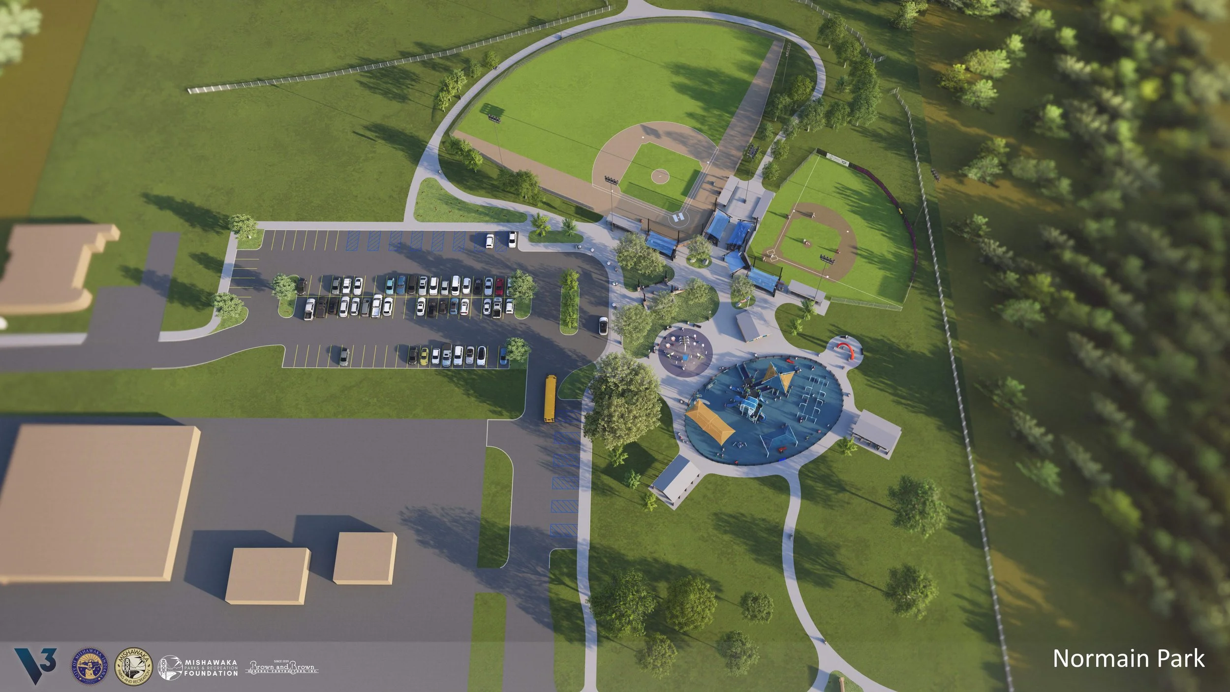 Aerial view of Normain Park showing parking lot, baseball fields, playground, walking paths, and surrounding trees.