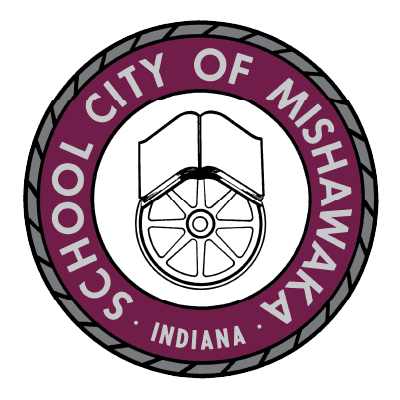 Seal of the School City of Mishawaka in Indiana featuring an open book and a wheel.