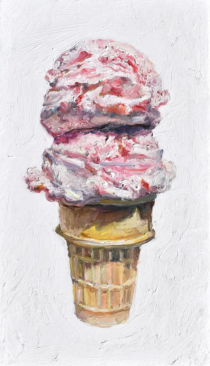 Double Scoop Strawberry, 2026, oil on panel, 12 x 7 inches