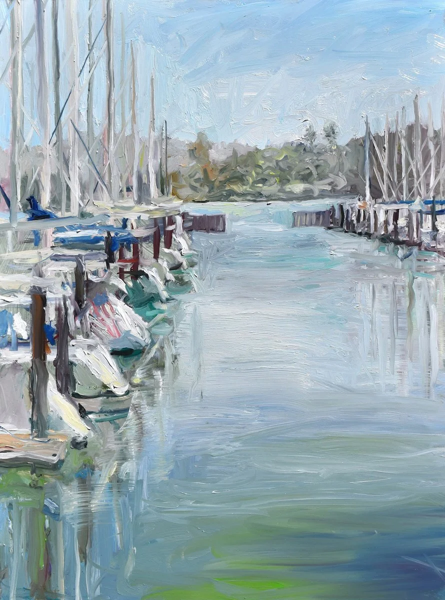 Pelican Yacht Harbor, 2026, oil on panel, 16 x 12 inches