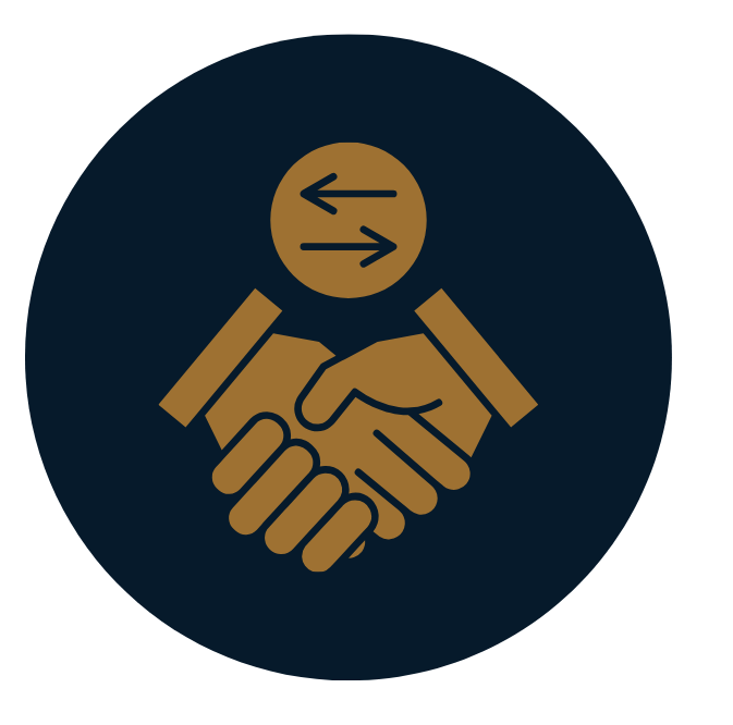 Illustration of two hands shaking with arrows in a circle above them indicating exchange or communication.
