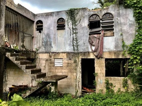 An old, abandoned building with peeling paint, broken windows, and overgrown vegetation.